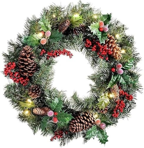 FOUDAY Christmas Wreath with Light, Christmas Wreaths for Front Door, Artificial Wreaths for Indoor Outdoor Window Fireplace Wall Decor Home Christmas Decorations (40 cm)