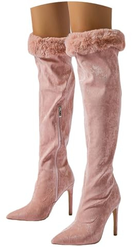 Agiyenna Scarpe con Tacco Alto da Donna Stivali Alti in Camoscio con Pelliccia Stivali da Infilare con Zip Laterale Stivali alla Moda Overknee Stivali Sexy con Tacco a Spillo Stivali da Inverno