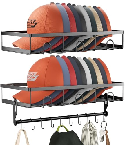 Hutablage aus Metall für die Wand, jeder Hut-Organizer für Baseballkappen passt für 20 Kappenhalter mit 10 Hutaufhänger, 2 Stück, wandmontierte Hutaufbewahrungshalter, Display – Schwarz