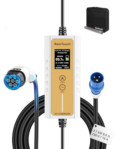 RamTouch Mobil Elbilsladdare (3,7 kW, 1‑fas, 8,5 m) – Blå CEE Camping 16A till Typ 2 Laddkabel med Justerbar Ström (6A–16A), Timer & Fördröjning, IP65 EV Laddbox för Elbilar & PHEV