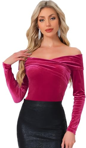 Allegra K Velvet Top for Women's Slim Fit Long Sleeve Off-Shoulder Blouse Hot Pink XL