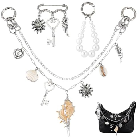 PH PandaHall 3 st väskberlocker set för handväskor dekorativa väskkedjor med snäckberlocker, elegant silver säkerhetsnål handväska berlock och pärla nyckelring för handväska plånbok crossbody