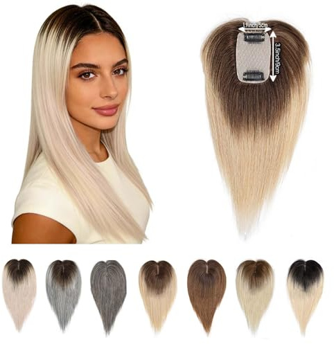 EREE HAIR Parrucche con base in seta e capelli umani veri per donne con capelli diradati, cuoio capelluto realistico, clip da 8, toupet liscio da 1,9x3,5, parrucche da donna T4/1001#