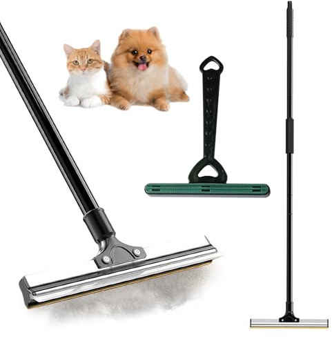 PRITOK Carpet Rake and Scraper for Pet Hair Removal Tool: Adjustable Handle Silicone Tooth Floor Squeegee, Multi-Purpose Pet Hair Remover, for Carpets Hardwood Furniture Quick Clean(30cm)