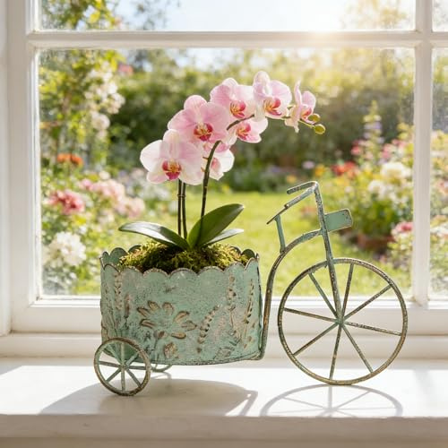 Vintage Bicycle Planter - Rustic Distressed Green Metal Wheelbarrow Flower Pot with Embossed Floral Design, Decorative Indoor Outdoor Bicycle Plant Stand for Succulents Herbs Small Plants (Green)