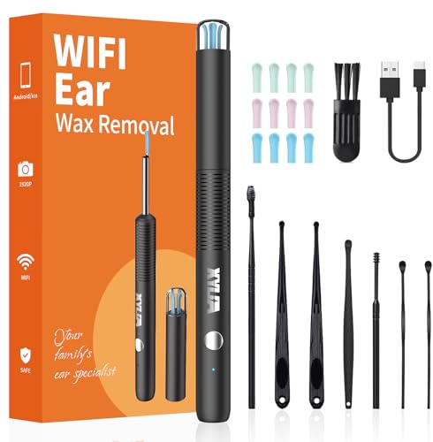 Xylla Ear Wax Removal with 1920P HD Ear Camera, Ear Cleaner with 12 Ear Spoons & 6 LED Lights, Wireless Ear Wax Remover Kit USB-C Rechargeable for iPhone iPad Android, Black