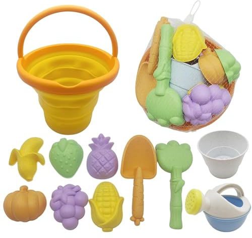 Irunfast 11 Pcs Beach Toys – Collapsible Folding Bucket and Spade Set for Kids, with Fruit & Vegetable Sand Molds – Play Sand Toys for Beach Games, Sandpit, Camping & Gardening