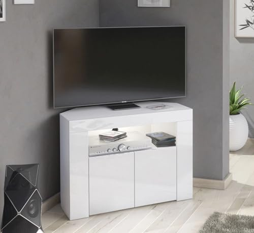 Furneo Clifton 07 – Corner TV Stand Unit Cabinet, 86x65x40 cm, Matt & High Gloss White Finish, White LED Lights