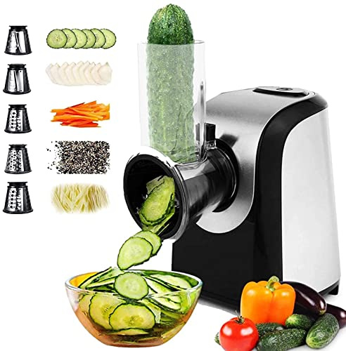 Rallador de queso profesional 5 en 1 eléctrico, rallador de queso eléctrico para rallador de queso en bloque triturador de ensaladas para quesos, zanahorias ralladas y nueces para uso en la cocina en