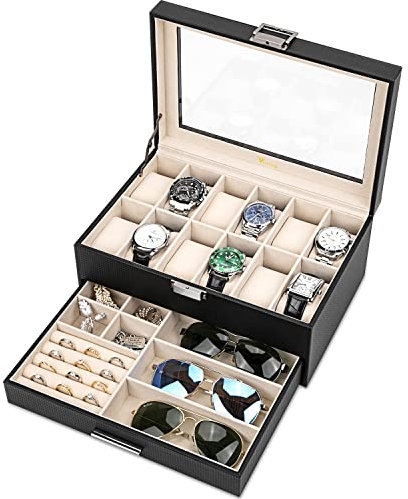 Voova Watch Boxes Organiser Jewellery Box for Men Women,2 Layer Large 12 Slot PU Leather Watch Storage Case, Glass Top Jewelry Display Holder for Watches Sunglasses Rings Necklaces Bracelets,Black