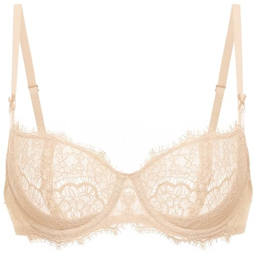DOBREVA Damen Dirndl BH Push Up Balconette Spitzen BHS Sexy Durchsichtig Große Größen mit Bügel Beige 85C