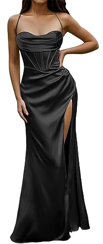 SoLu DAY8 Robe De Soiree Femme Longue Chic Et Glamour Robe Ceremonie Cocktail Femme sans Manches Decollete Dos Nu Bandage Fendue Maxi Vintage Retro Corset Bustier (Black, S)