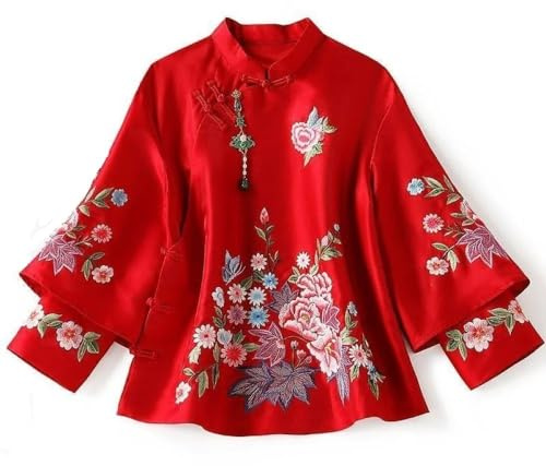 Sparctwer Chinese Classical Embroidered Coats - Ethnic Style Tang Suit Coat Vintage Embroidery Chinese Tops Women Blouse Eleganti Loose Female Classic buttoned jacket,red,XXL