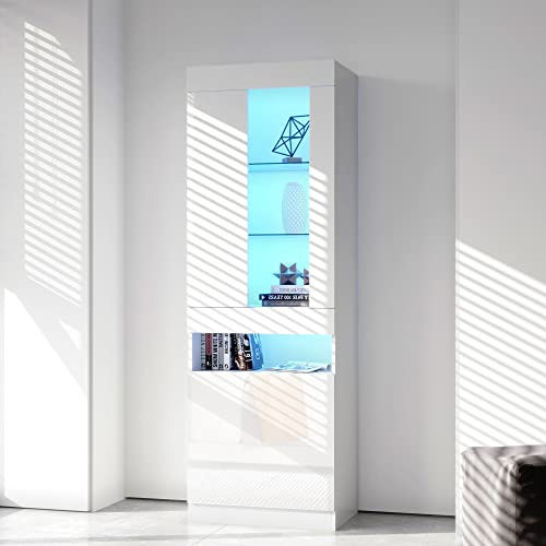 soges Armario vitrina iluminación LED 16 colores, mueble de almacenamiento blanco brillante con puertas de cristal para sala de estar, 50 x 40 x 180 cm