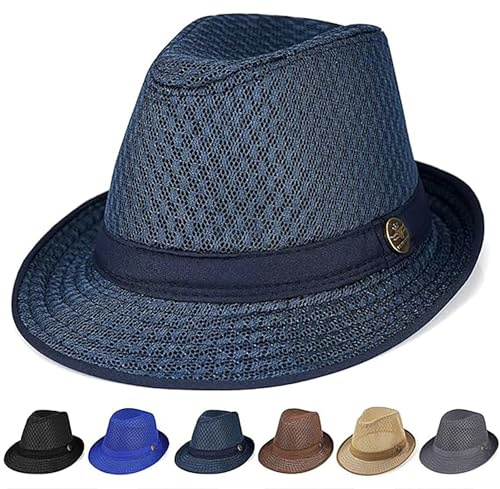 Initlove Mesh Fedora Hat for Men Short Brimmed Panama Hat Packable Trilby Hat Navy