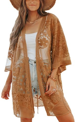 Bsubseach 2025 kimonos för kvinnor, spetsbaddräkt, nättyg, badskydd, strandsemester, transparent, kimono, dammvippa, H-brun, En Storlek