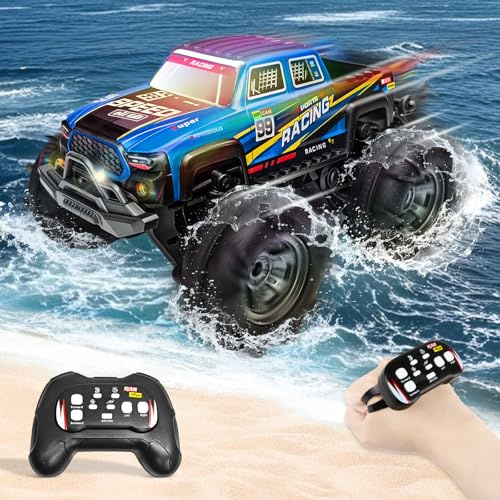 Charmofun amfibisk fjärrstyrd bil, 2,4 GHZ 4WD fjärrstyrd monstertruck 360° drift, 1:16 RC bil amfibiefordon all terräng vattentät med 2 batterier för barn (blå)