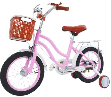 BJTDLLX 14 Zoll Kinderfahrrad Fahrrad mit Stützrädern und Vorderer Korb, Kinder Fahrrad 3 Rad für 3-7 Jahre ungen und Mädchen, Höhenverstellbar Kinder Lauflernrad, 17-19zoll (Rosa)