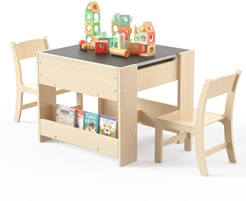 Puecrof 4-in-1 Kids Desk with 2 Chairs - Birch Wood Activity Table with Reversible Whiteboard and Chalkboard, 3 Storage Compartments for Kids for Painting, Reading and Crafts