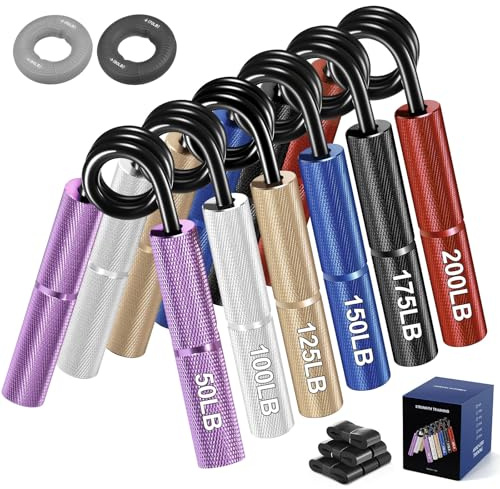 Spardar Grip Strength Trainer Set, 6 Pack Metal Hand Grip Strengthener (50-200LB), with Anti-Slip Pattern, 6 Rolls of Grip Tape for Rehabilitation & Strength Training & Progress