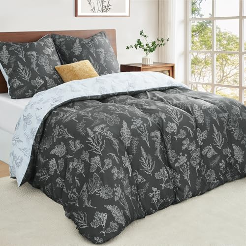 Duvetnova Bettwäsche 240x220 Blumen Grau Pflanzen Wende Weich und Angenehm ÖKO-TEX Bettwäsche-Sets 1 Bettbezug 220x240 2 Kissenbezüge 80x80 -alle mit Reißverschluss