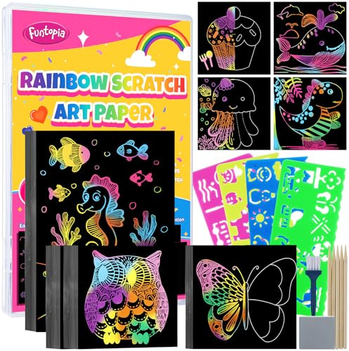 Scratch Art for Kids, Funtopia 100 Sheets Rainbow Scratch Paper, Black Scratch Off Paper Craft Kits, School Art Supplies Classroom Prizes Travel Toys Birthday Party Gifts, for Boys Girls ages 4-8 8-12