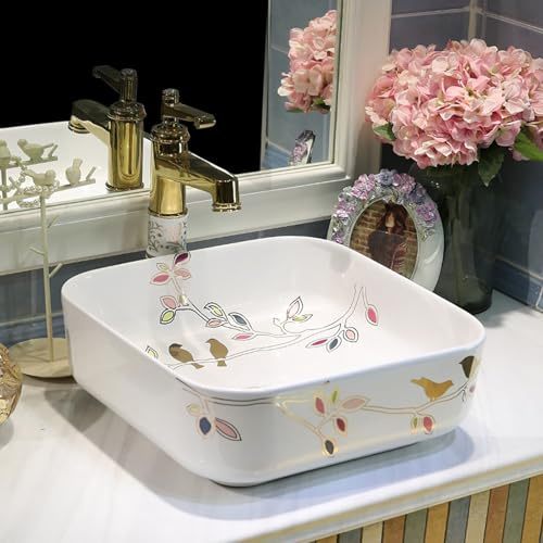 Lavabo Piedra de Tocador Cuadrado Europeo, Lavabo sobre Encimera, Lavabo Baño con Grifo y Desagüe, Lavamanos Pequeño para B&B, Clubes y Hogares