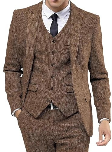 Costume Trois pièces en Tweed à Chevrons pour Homme, Style Smoking, Revers Pointus, Marron - Taille L