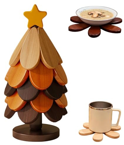 Sapin De Noël Dessous De Plat | 5 Pièces Dessous-de-Plat Pliable en Bois - sous Verre pour Boissons avec Support - pour Plats Chauds Casseroles Poêles Bols Théières Assiettes