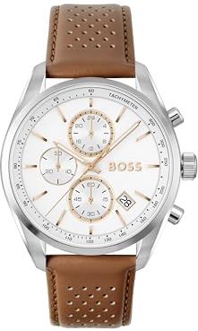 BOSS Chronograph Quartz klocka med kalender för män GRAND PRIX 44 kollektion med rostfritt stålarmband eller läderrem
