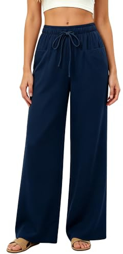 Neteson Pantalones Lino Mujer Verano Casual Pantalones Palazzo Anchos | Pantalones Largos Cintura Alta con Bolsillos para Playa Oficina Lavables
