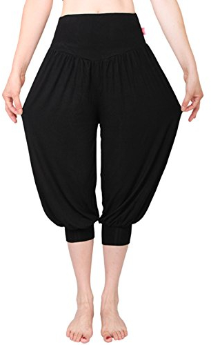 MEISHINE® Sommer Damen 7/10 Abgeschnittene Hose Modal Elastisch Haremshose Pluderhose Pumphose Ideal für Sport Yoga Tanz Jogging Dance (Size XXXL, Schwarz)