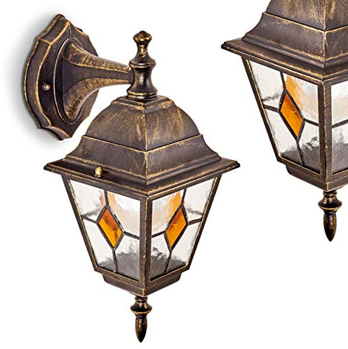 Outdoor wall lamp Antibes, wall lamp downward in antique look, cast aluminum in brown/gold w. clear glass panes, wall light w. E27 socket, retro/vintage outdoor lamp for terrace u. yard, without bulbs