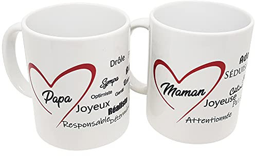 Mug amour maman papa je t'aime duo Lot de 2 tasses céramique avec coeur et compliments haute Qualité Idée Cadeau Originale pour parents Anniversaire Noël Fête Mère Père 325ml