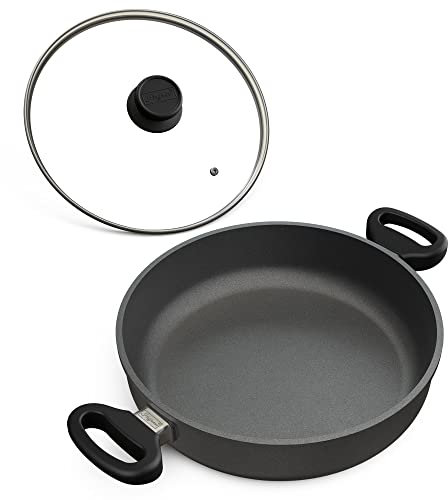 Hoffmann Bratpfanne 2 Griffe Induktion I Schmorkasserolle Gusspfanne Aluminumguss Innenhöhe 6,5 cm mit Glasdeckel I Pfanne zum servieren