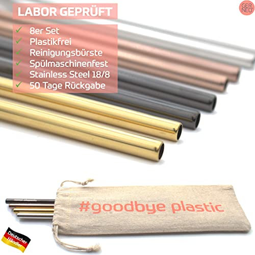 GERNEO® - Labor geprüft - Strohhalm wiederverwendbar 304er Edelstahl - 8er Set + Reinigungsbürste + ToGo Bag - Rückgaberecht, kindergeeignet, umweltfreundlich & plastikfrei (Farb-Mix-gerade-8mm)
