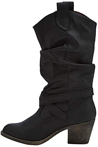 Stivali da Donna in Pelle con Cinturino Incrociato al Ginocchio con Fibbia Scarpa con Tacco Basso (Nero, Numeric_37)