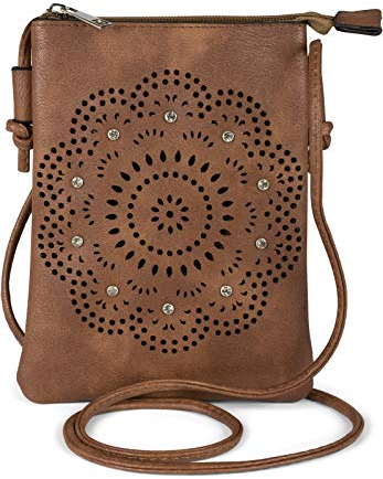 styleBREAKER Damen Mini Bag Umhängetasche mit Blumen Lasercut Cutout Muster und Strass, Schultertasche, Handtasche 02012367, Farbe:Schokobraun