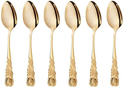 GRÄWE Kaffeelöffel 6 Stück Edelstahl, Serie Rosendekor, goldfarben