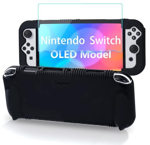 Teyomi® Silicona Funda compatible con Nintendo Switch OLED,carcasa nintendo switch oled,funda protectora con accesorios de Película protectora,2 ranuras almacenamiento para tarjetas de juego (negro)