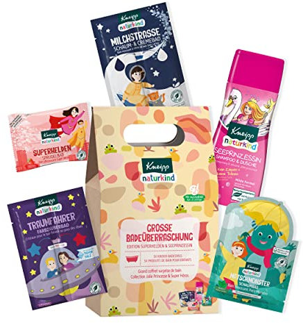 Kneipp Naturkind Große Badeüberraschung Edition Superhelden & Seeprinzessin- Geschenkset für Kinder mit 5 Produkten - 2x Farbzauberbad, Sprudelbad, Schaumbad, Shampoo & Dusche
