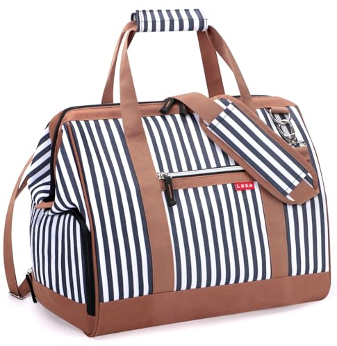 Lekesky Weekend Overnight Bags for Women - 33l Top Large Opening Travel Duffles Bag, Holdall Bag for Airlines with Shoes Compartment (White Stripes,42 * 33 * 24cm)
