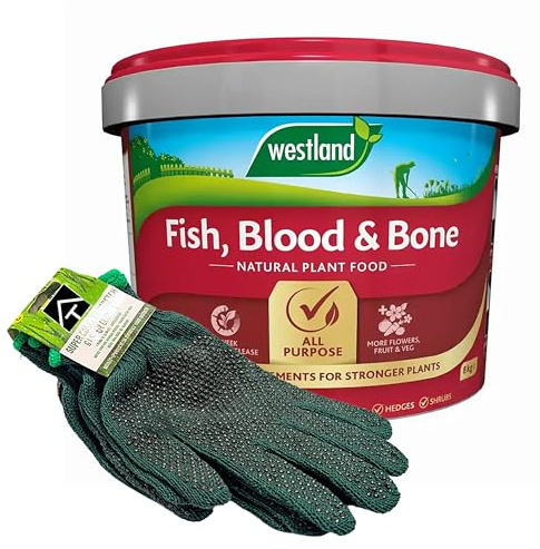 Fish, Blood & Bone Plant Food with Garden Gloves - 8kg All Purpose Natural Fish Blood & Bone Fertiliser with 2 Pairs of Gloves for Gardening. Growmore Fertilizer Plant Feed Granules