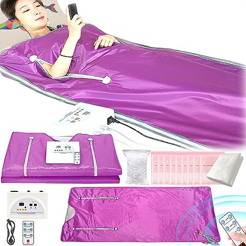 Couverture Sauna Infrarouge, 2 Zones Avec Fermeture éclair 100 Bonnets Douche 10 Sacs Bain Sauna Thérapeutique Détox Couverture Sauna Oxford Portable Télécommande Couverture Chauffante Violet