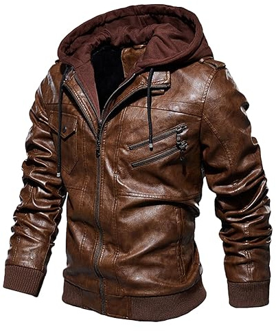 Oanviso Manteaux en Cuir pour Homme Blouson à Capuche Veste de Moto Cuir PU Manteau Hiver Chaud Slim Fit Veste Casual Parka Automne Manteaux avec Zip A Café L