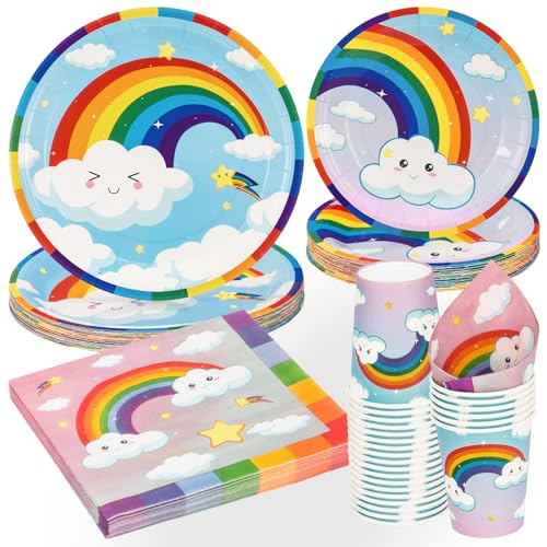 PARTY GO 96 Pcs Rainbow Party Tableware Set, Paper Plates Cups and Napkins, Disposable Dinnerware Party Supplies for Birthday Party Wedding Baby Shower Engagement Serve 24 Guests