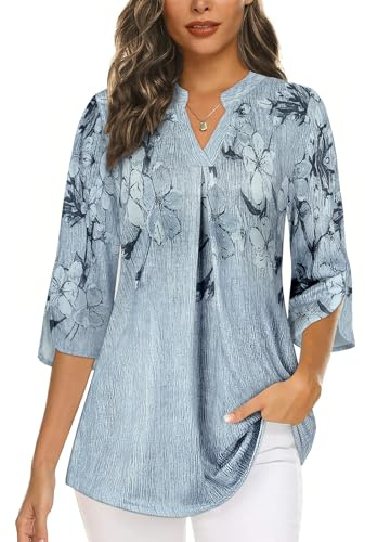 Flikity Womens V Neck Tops 3/4 Sleeve Pleated Floral Loose Casual Blouse Dressy Tunic Shirts
