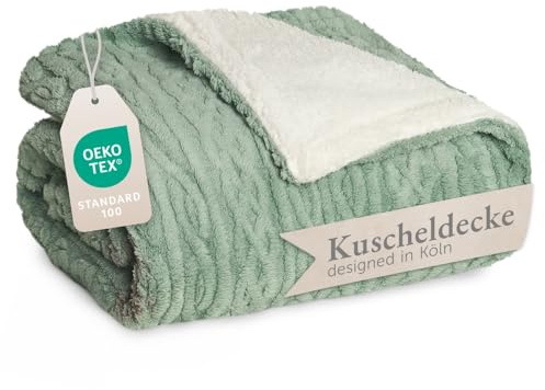 Blumtal coperta pile plaid 220x240 cm con disegno a treccia - coperta divano invernale con certificato OEKO-TEX - coperta pile in microfibra - morbida coperta sherpa sul rovescio - pleid verde/bianco