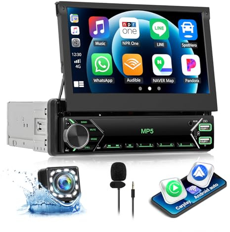 CAMECHO Autoradio 1 DIN 7 Pulgadas con Wireless Carplay, Pantalla Táctil Retráctil Manual de Radio Bluetooth con Android Auto Mirror Link FM Control del Volante USB/AUX +Cámara Trasera