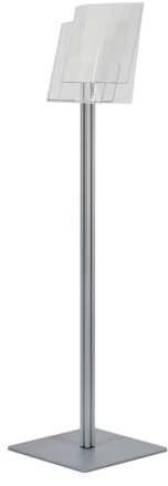 Espositore Porta depliant cataloghi a piantana con 2 tasche in plexi per stampe in formato A4, montante in alluminio e base in metallo ultra sottile per la migliore stabilità – Serie Quadra